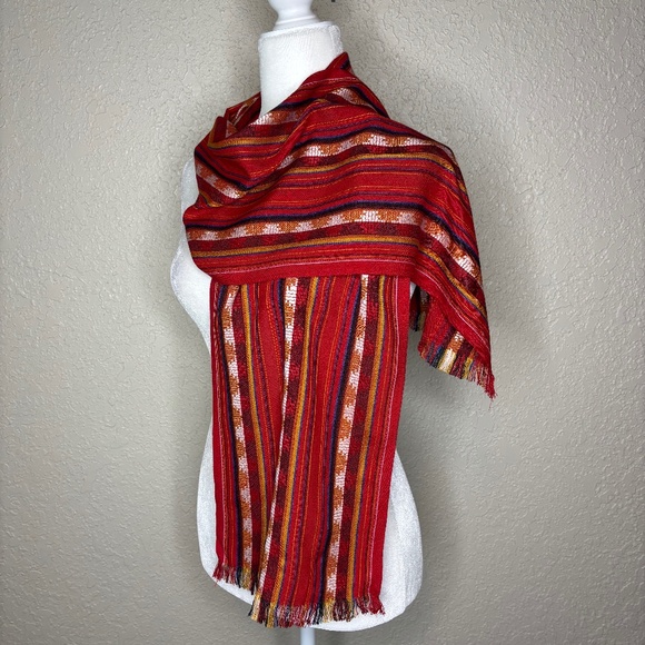 Red Blue Orange Peruvian Geometric Pattern Lightweight Woven Stripe Scarf Wrap - Picture 1 of 7